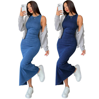 women slim jeans dress long 新款牛仔圆领无袖修身包臀连衣裙