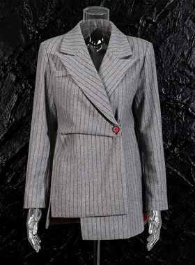 欧美复古慵懒风西装2025秋季新款不规则设计灰色条纹西装外套女潮