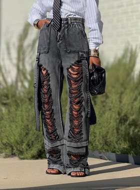 2026欧美高腰破洞牛仔裤女宽松阔腿裤women jeans pants trousers
