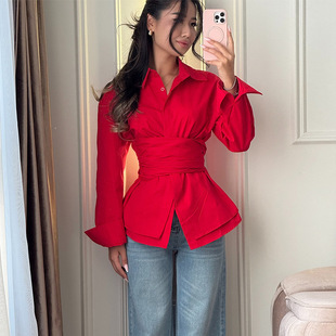 收腰系带纯色长袖 dress 衬衫 shirt casual women 欧美2026气质时尚