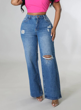 women jeans loose long pants 2023新款破洞牛仔裤女直筒裤 长裤