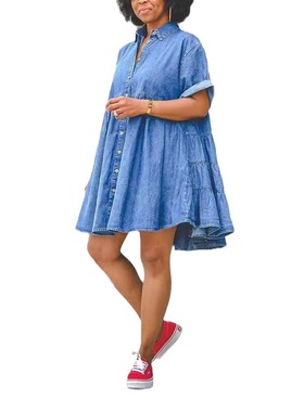 2024欧美短袖翻领休闲风女牛仔连衣裙 women jeans loose dress