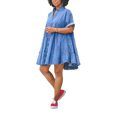2024欧美短袖翻领休闲风女牛仔连衣裙 women jeans loose dress