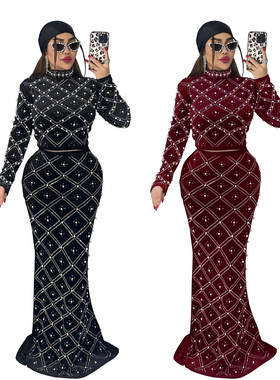 Ladies evening dress set 2026欧美优雅烫钻泡珠上衣长裙两件套