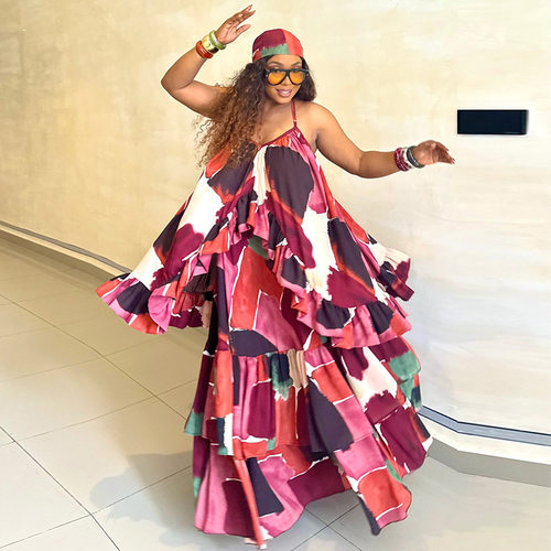 现货 欧美跨境女装2026夏季新款时尚吊带荷叶边印花拼接连衣裙