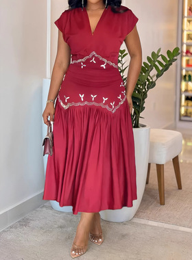 Ladies  red dress casual 欧美优雅修身烫钻水钻装饰无袖连衣裙