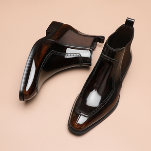 英伦布洛克真皮切尔西靴男潮流商务正装 男高级亮面皮靴男 高帮皮鞋
