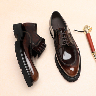 厚底增高亮面真皮男鞋 男士 英伦风商务正装 系带布洛克雕花皮鞋 新款