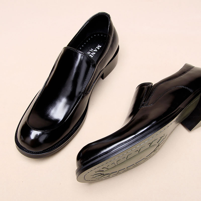 男士牛皮商务正装皮鞋男英伦一脚蹬真皮男鞋厚底套脚大头鞋父亲鞋