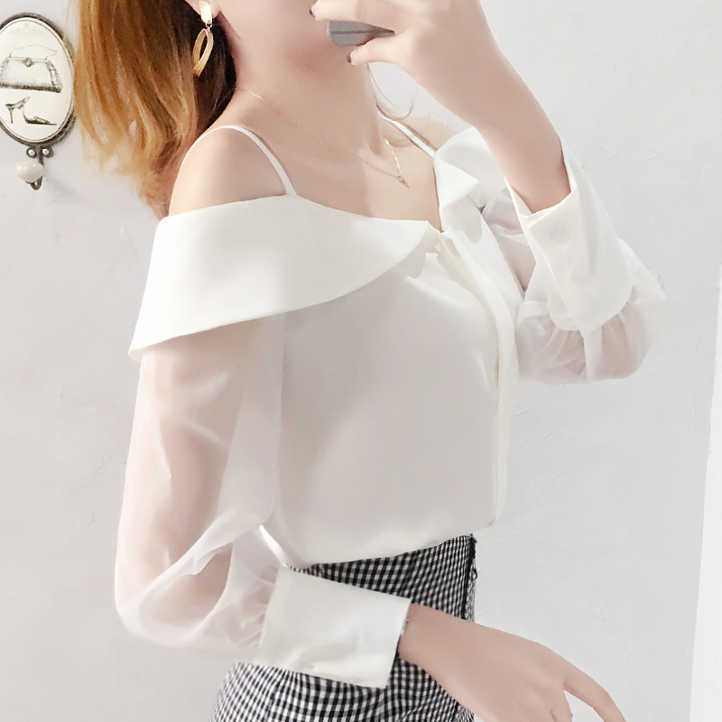 很仙的上衣洋气长袖衬衫女秋夏季新款一字肩性感吊带白色衬衣百搭|ruв категории Женская одежда, рубашка - от Buy2taobao.com для оказания профессиональной услуги покупки агента Taobao