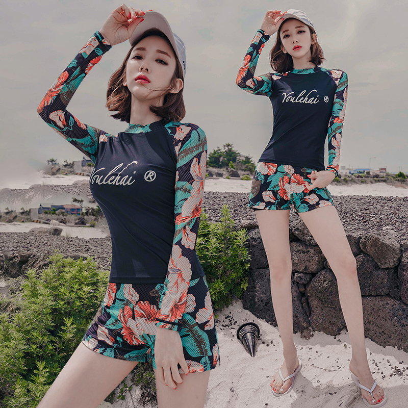 潜水泳衣女保守两件套分体式游泳衣长袖潜水服休闲冲浪泡温泉