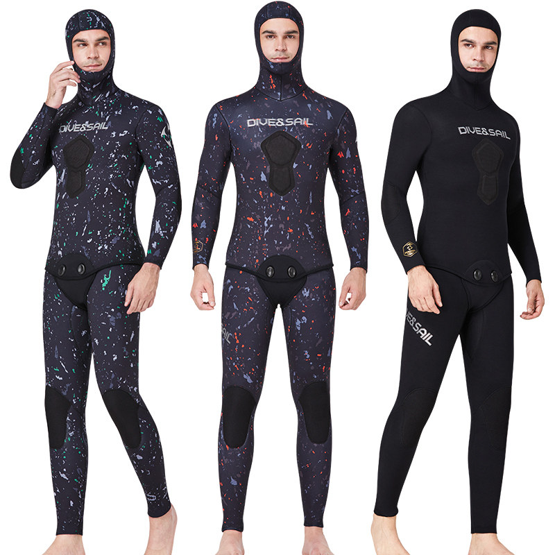 潜水服1.5-7mm分体伪装渔猎服套装CR半干式加厚保暖连帽潜水衣男