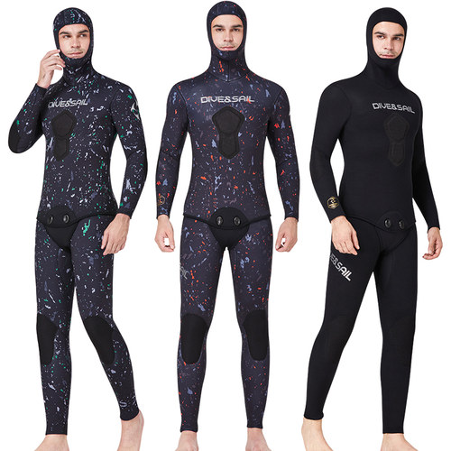 潜水服1.5-7mm分体伪装渔猎服套装CR半干式加厚保暖连帽潜水衣男