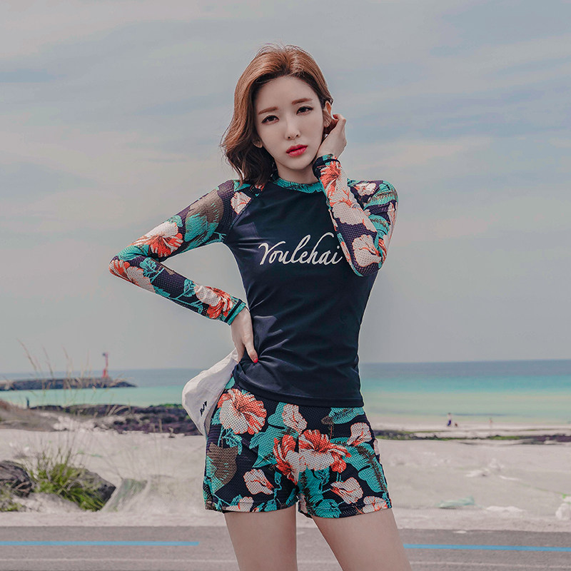 潜水泳衣女保守t两件套分体式游泳衣长袖潜水服休闲冲浪泡温泉