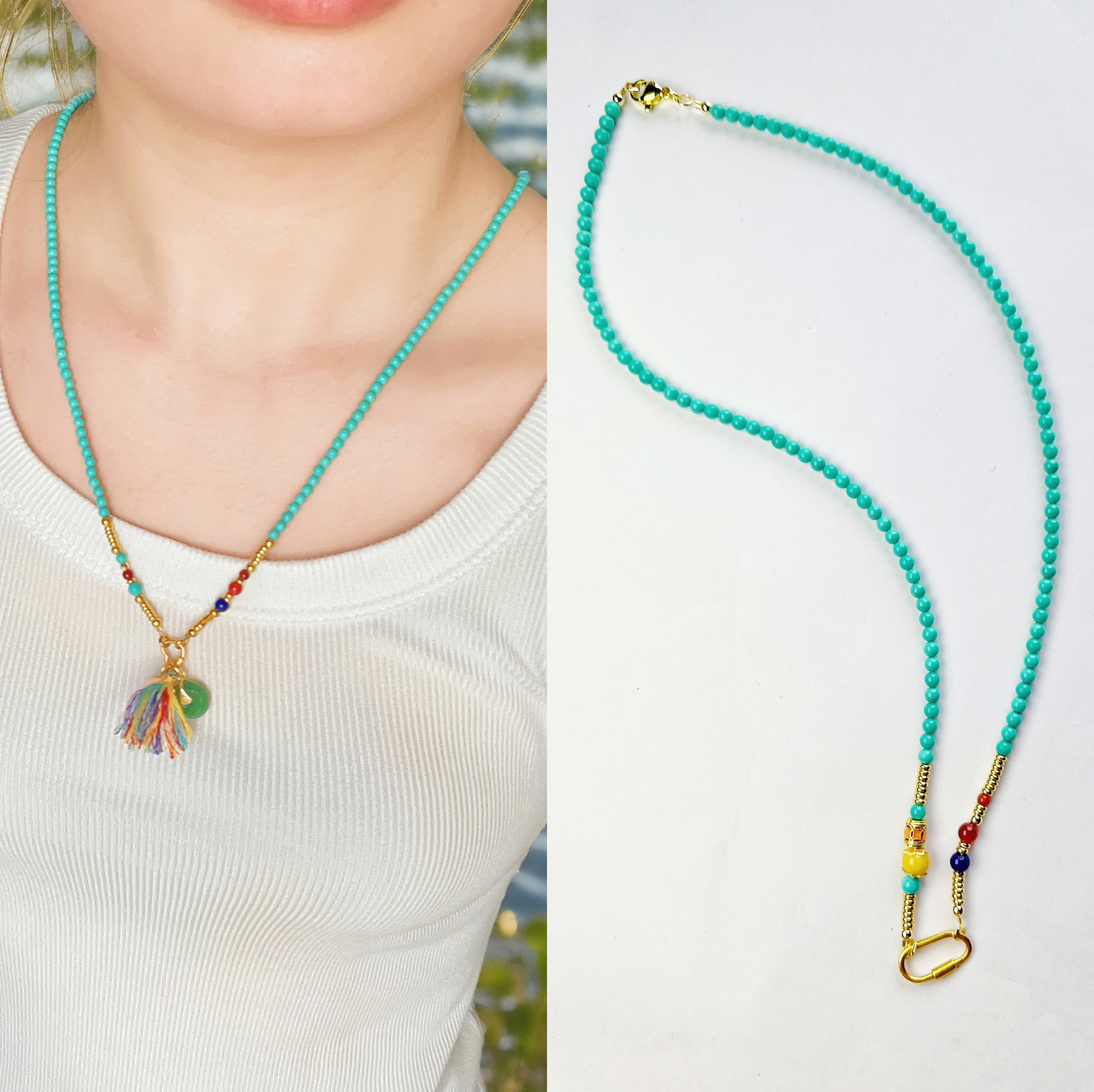 天然绿松石小米珠项链新中式国风串珠葫芦吊坠挂链轻奢高级感配饰