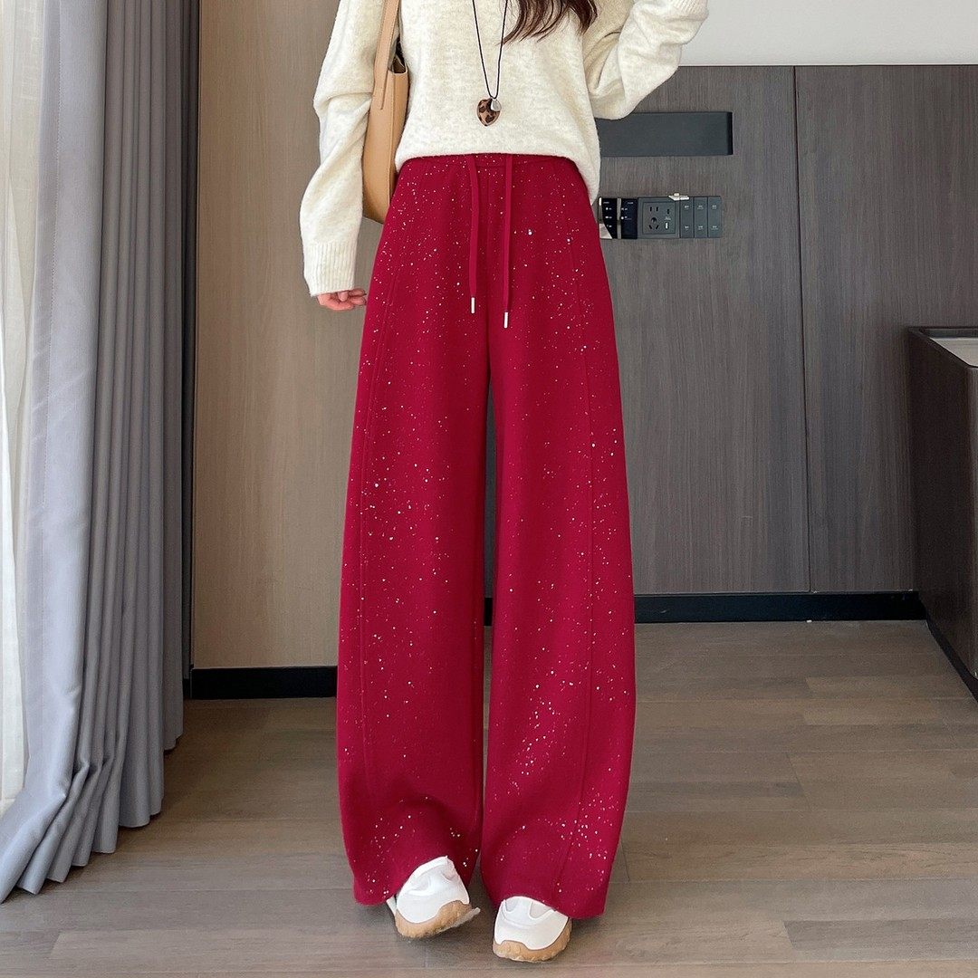 中国红烫金加绒弯刀裤女秋冬季高腰垂感休闲镰刀裤直筒百搭阔腿裤,女装/女士精品,休闲裤,淘宝优惠券,粉丝福利购,淘宝优惠卷