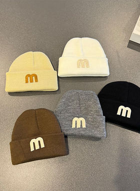 婴儿帽子秋冬0到1岁宝宝m字母针织毛线帽婴幼儿胎帽新生儿洋气潮