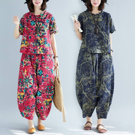 夏季民族风大码女装宽松时尚休闲洋气短袖中老年妈妈装棉麻套装女