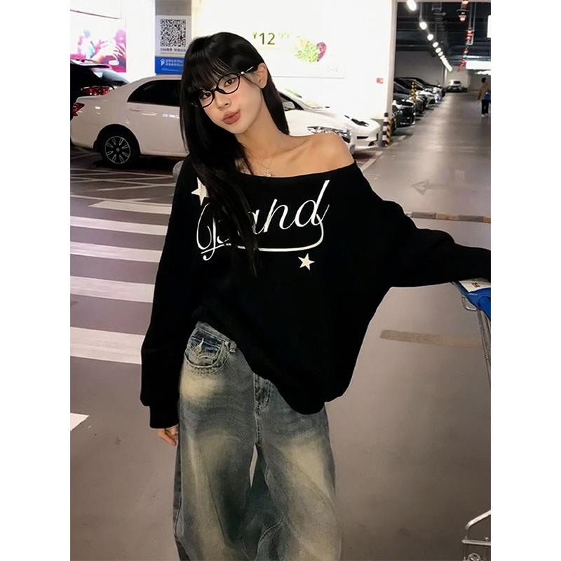 美式街头斜肩卫衣女春季新款字母印花长袖慵懒风宽松显瘦露肩上衣