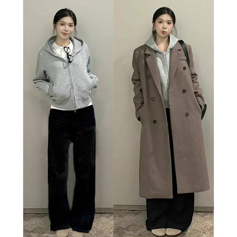 灰色加绒卫衣外套显瘦正肩女款秋冬连帽开衫风衣大衣内搭叠穿短款
