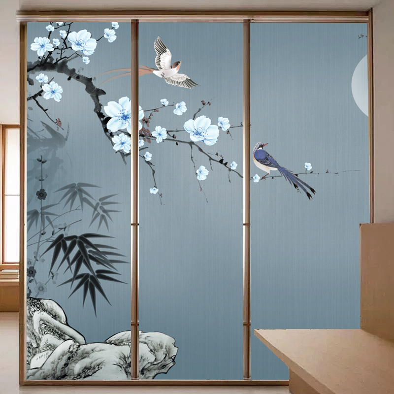 玻璃贴纸透光中式花鸟卫生间窗户玻璃门浴室静电装饰复古贴画贴膜图片