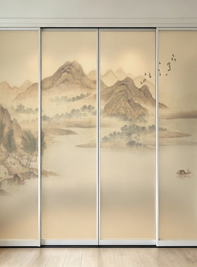 宋式美学静电磨砂玻璃贴膜办公室推拉门中式山水隐私膜透光不透明