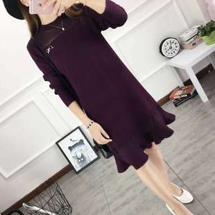 春秋新款女中长款打底裙荷叶边毛衣裙针织衫显瘦镂空性感蕾丝