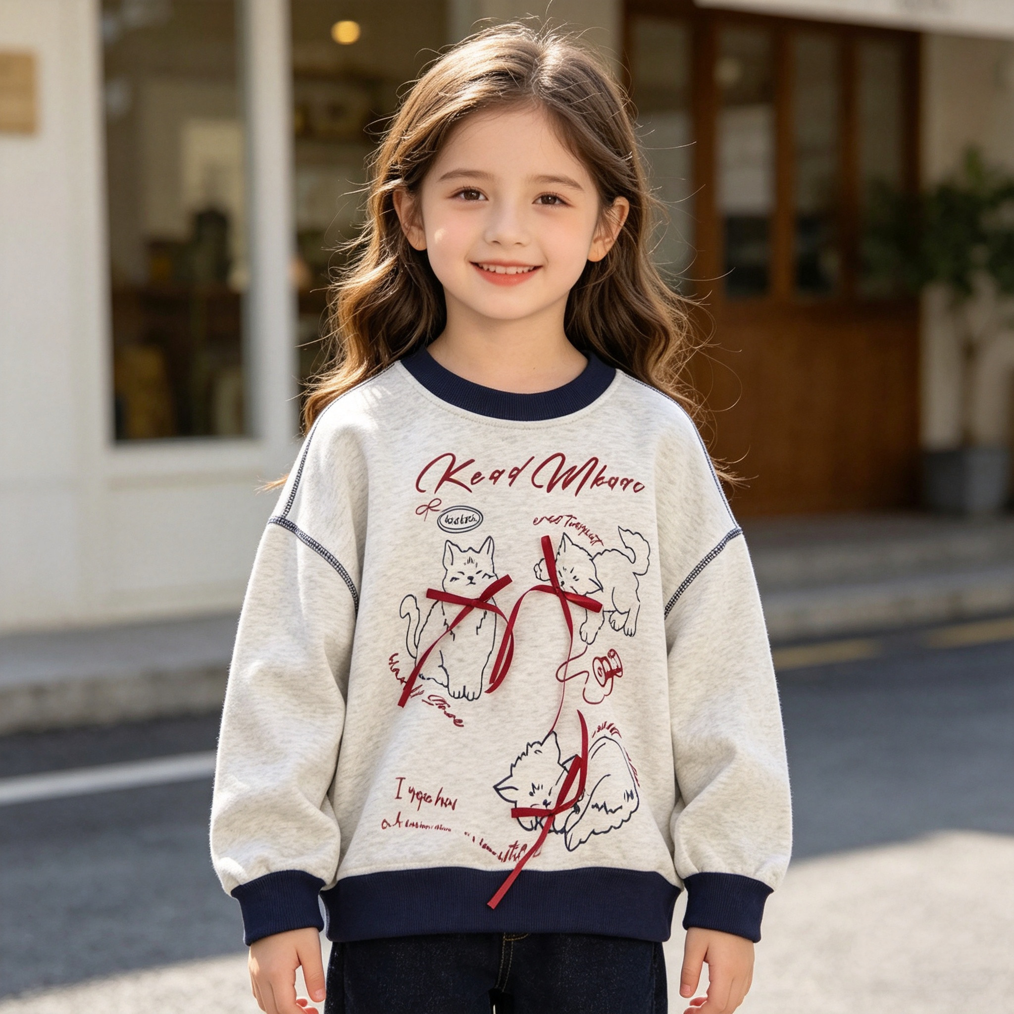 女童春秋套头卫衣新款蝴蝶结圆领上衣儿童春装大童女孩百搭打底衫