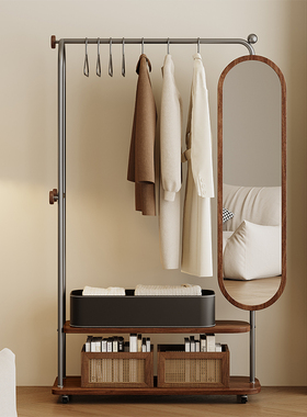 可移动穿衣镜衣帽架一体卧室可旋转全身镜床尾挂衣架家用置物架