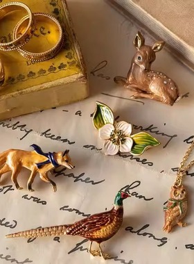 英国代购Fable England金色典雅围巾狐狸造型胸针 手工绘制珐琅