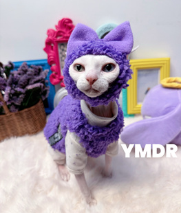 YMDR斯芬克斯无毛猫德文毛绒保暖紫色背心可爱蝴蝶结帽纯棉打底衣