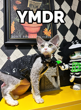 YMDR妖喵大人夏季猫衣服 纯棉吊带 酷黑太空涂鸦印花 可调节领结