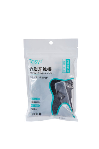 Tasy她树竹炭扁线牙线棒附便携盒方便卫生深层清洁齿缝100支袋装