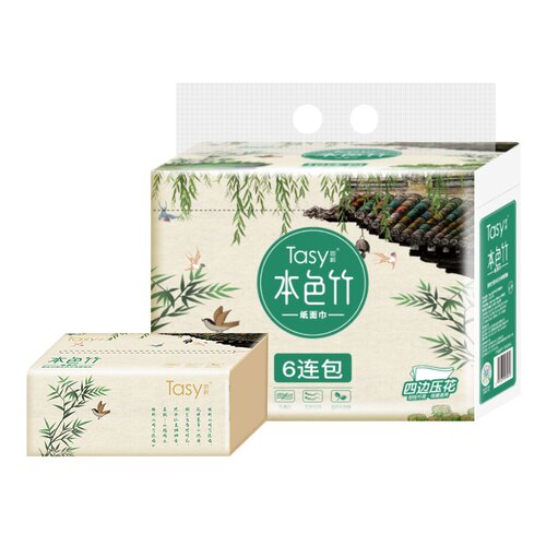 Tasy她树本色竹浆面巾纸四边压花4层厚实加大柔韧亲肤360张6包