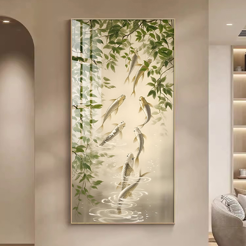 北欧风 九鱼玄关装饰画走廊挂画现代客厅入户过道墙画LED大气绿植