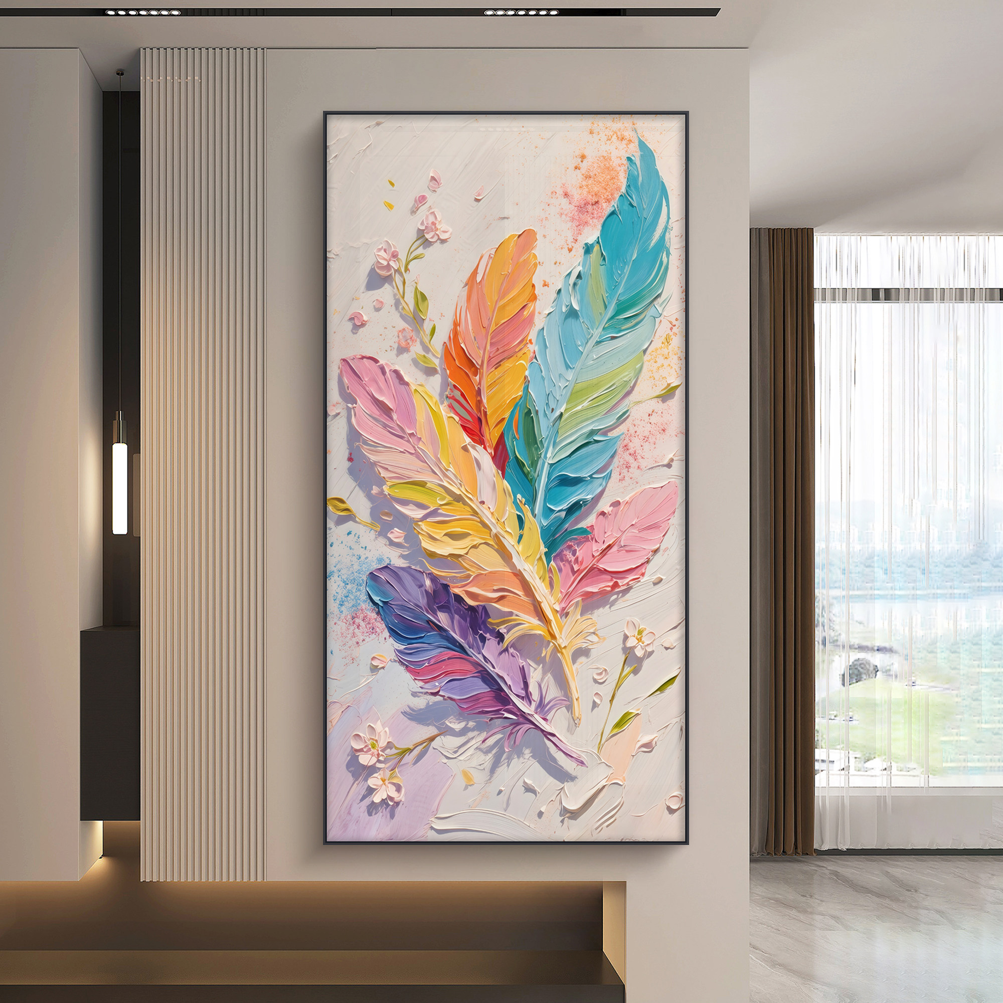 花羽昭瑞入户玄关装饰画奶油风好寓意羽毛繁花挂画客厅过道墙壁画