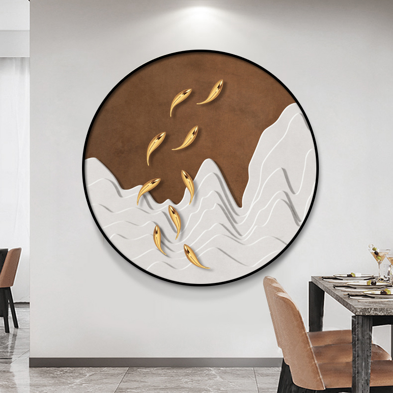 九鱼图侘寂风圆形玄关装饰画客厅卧室走廊过道挂画餐厅背景墙壁画图片