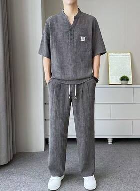 冰丝运动套装男士夏季薄款短袖t长裤休闲凉爽T恤运动服夏天两件套