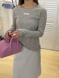 T恤女修身 春季 新款 纯色圆领长袖 上衣 显瘦弹力甜美温柔花边打底衫