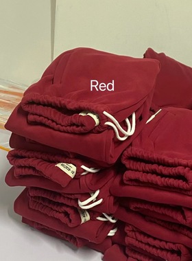 洋气酒红 人手一条 韩国抽绳束脚慵懒舒适加绒卫裤 红色休闲裤