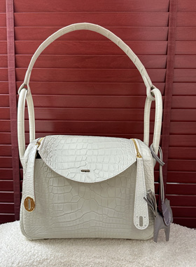 冰川白Lindy26进口美洲鳄雾面女单肩手提包琳迪纯手工蜡线H全真皮