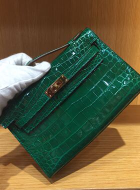 进口亮光鳄鱼肚皮女款手夹包鳄鱼皮女包翠绿色全真皮包尺寸22包邮