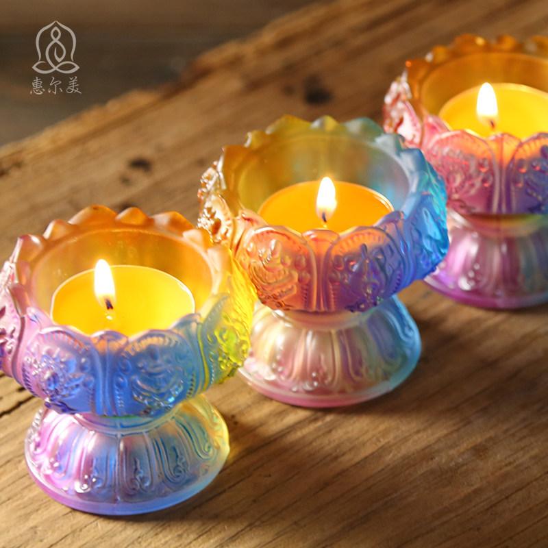 七彩琉璃莲花灯酥油灯座八吉祥七星灯高脚菩萨蜡烛台供佛灯长明灯