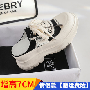 帆布半拖鞋女外穿厚底增高松糕底一脚蹬懒人包头乞丐半拖2025新款