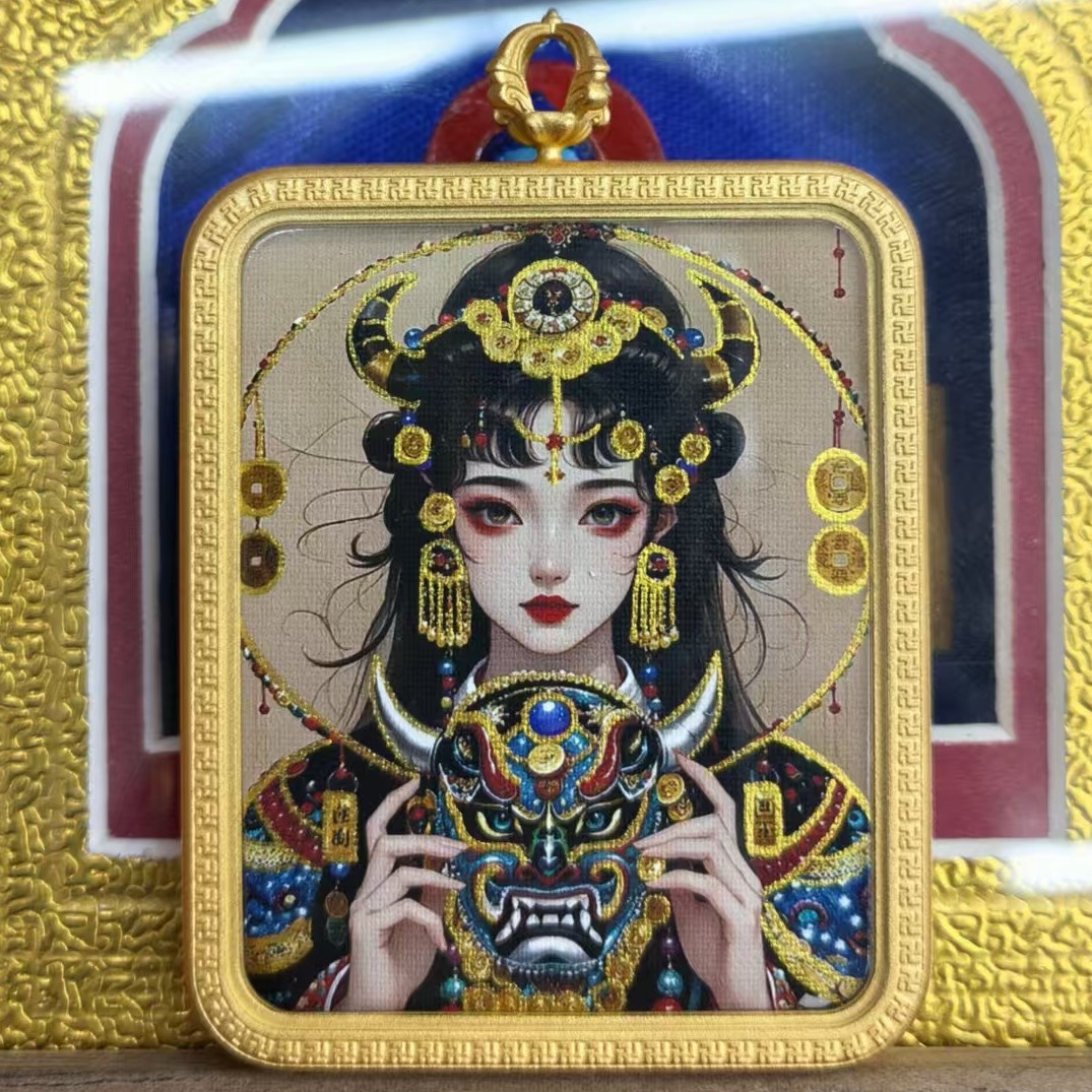 藏式文玩唐卡佛牌吊坠五台描金扎基拉姆女财神招财佛牌项链礼物