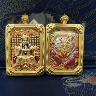 新款五台精美五爷加九尾狐双面纯铜鎏金小唐卡吊坠护身转运挂件