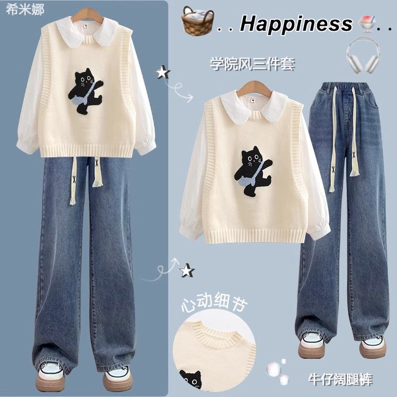 女童秋款套装针织马甲背心牛仔裤