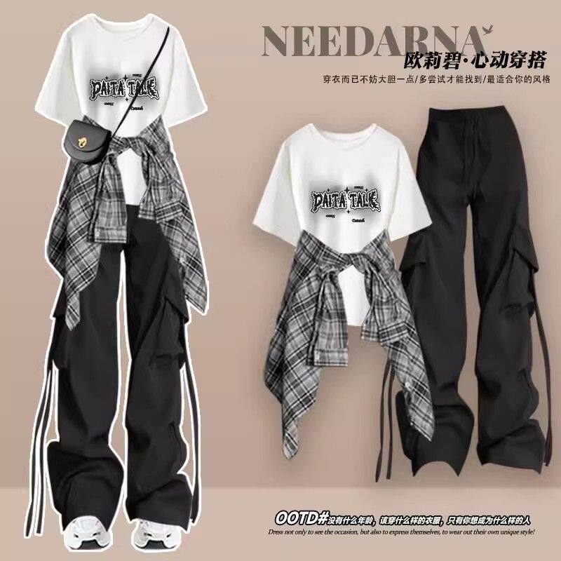 女童套装2026夏季新款中大童洋气时髦短袖T恤工装裤休闲三件套潮