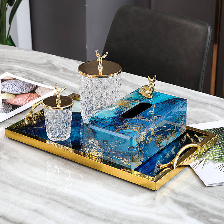 奢华金箔纸巾盒家饰软装搭配套装蓝玛瑙托盘金鹿储物家居客厅摆设