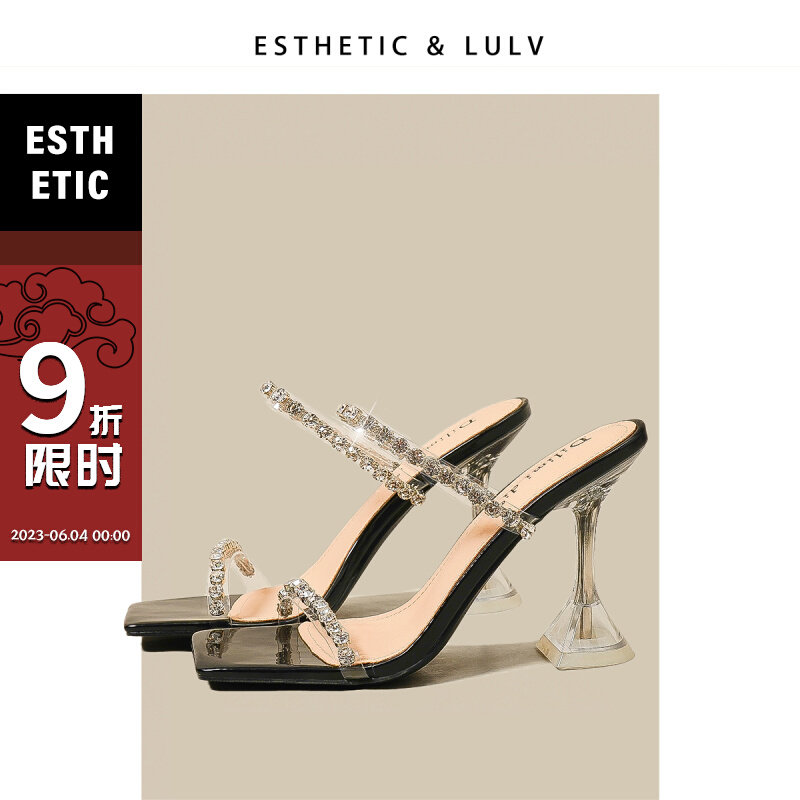 速发外侣 透明一字带鞋跟鞋夏天凉拖高夏路穿高跟凉鞋202年新款